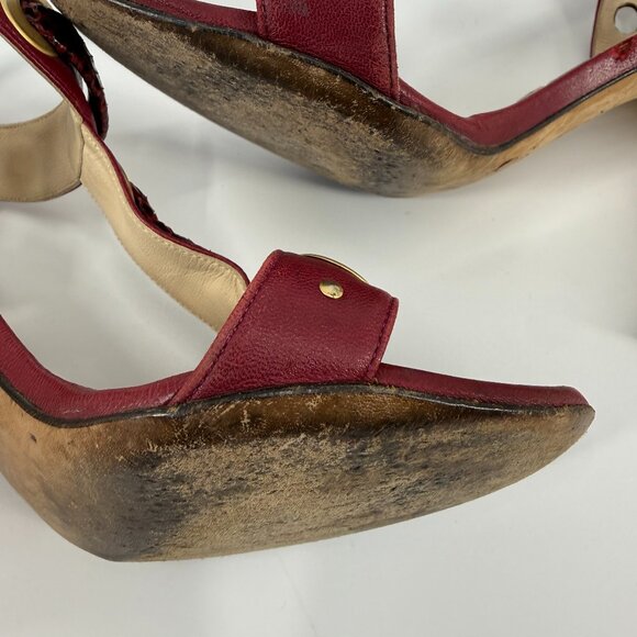 Jimmy Choo Napa Watersnake Burgundy T-Strap Heeled Sandals - Picture 5 of 9